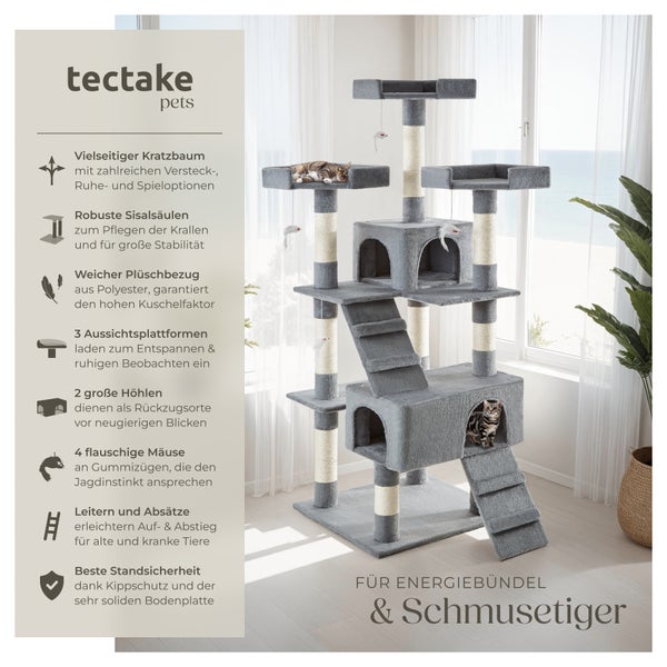 Kratzbaum tectake Barney inklusive 2 Treppen, 4 Spielmäusen und Kippschutz 170 cm grau