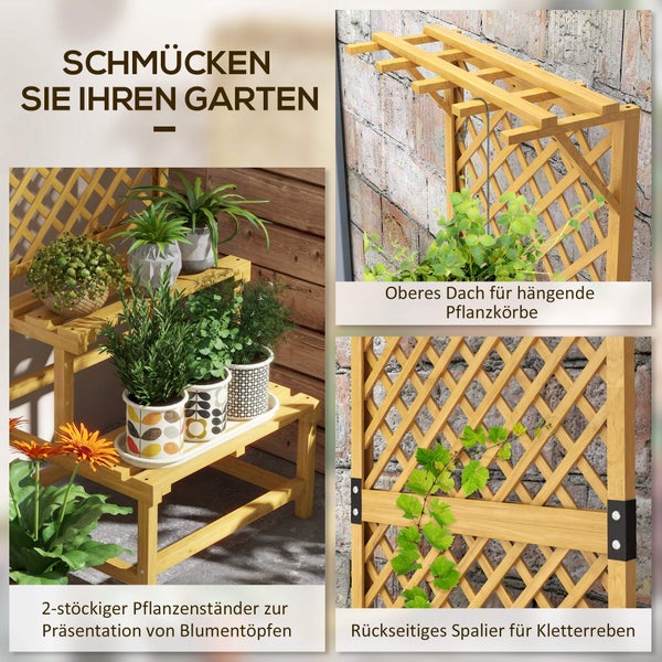 Outsunny Pflanzenständer aus Holz, Blumentreppe mit 2 Ebenen, Rankhilfe, Blumenregal, Pflanzentreppe, für Garten, Terrasse, Gelb, 60 x 50 x 166 cm