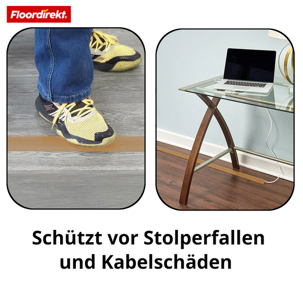 Floordirekt Logo. Kabelbrücke schützt vor Stolperfallen und Kabelschäden. Gezeigt an einem Schreibtisch mit Laptop und auf einem Fussbodenbelag.
