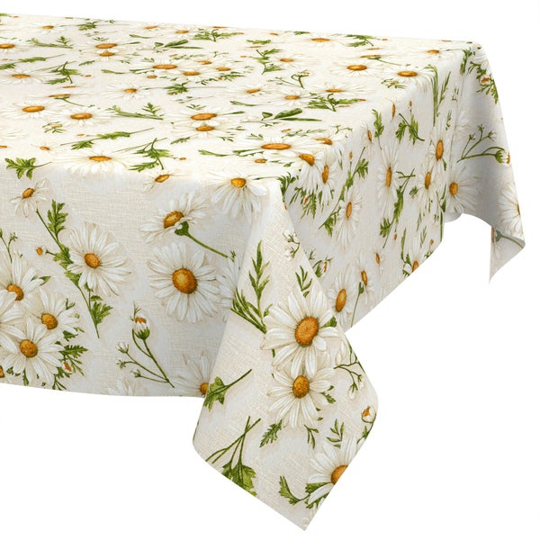 Eckige Tischdecke mit einem Muster aus Margeriten und grünen Blättern auf einem Stoff in Leinenoptik.
