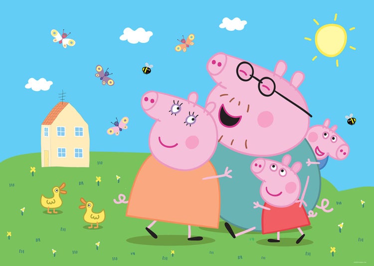 Illustration der Peppa Pig Familie im Freien mit Haus, Enten, Insekten und Sonne