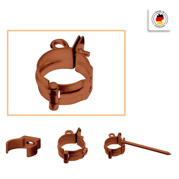 Kupferfarbene Fallrohrschellen mit Scharnier und Schraubverschluss, inklusive Montagezubehör und Siegel Made in Germany.