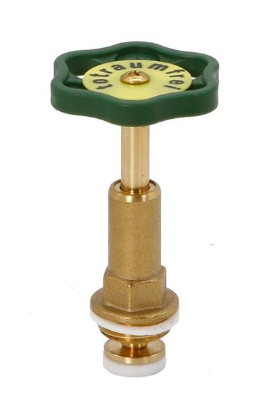 Totraumfreies Ventiloberteil aus Messing mit grünem Handrad