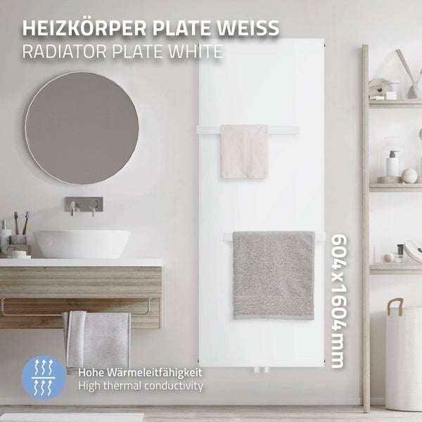 ML-Design Badheizkörper 1600x604 mm Weiß + 2x Handtuchhalter, Flach Einlagig, Design Heizkörper mit Mittelanschluss Vertikal Planheizkörper Vertikalheizkörper Paneelheizkörper Flachheizkörper Heizwand