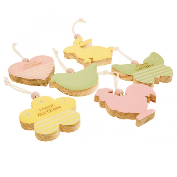 Holzanhänger-Set mit Ostermotiven und Aufschrift 'Frohe Ostern'