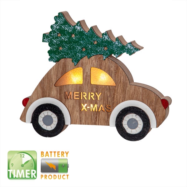 Dekoratives Holzauto mit Weihnachtsbaum und Beleuchtung