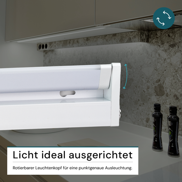 Unterbauleuchte für die Küche mit drehbarem Leuchtenkopf für eine präzise Ausleuchtung der Arbeitsfläche.