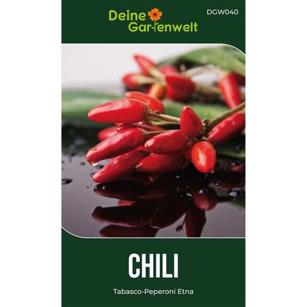 Deine Gartenwelt Logo. Samentüte für Chili Tabasco-Peperoni Etna mit einer Abbildung kleiner roter Chilischoten.