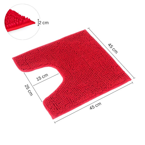 Roter Toilettenvorleger mit Ausschnitt, Maße 45 mal 45 Zentimeter, Florhöhe 2 Zentimeter, Ausschnitt 15 mal 25 Zentimeter.