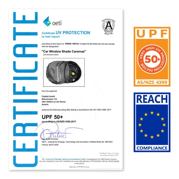 Zertifikat für UV-Schutz UPF 50 plus für Auto-Sonnenschutz und REACH-Konformitätssiegel.