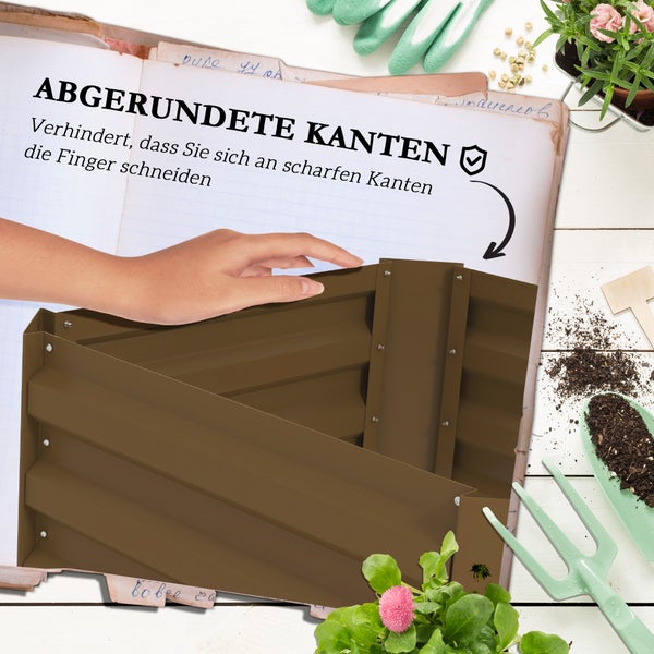 Höhenverstellbarer Tomatenkäfig für Pflanzen in einem Pflanzkasten aus Holz, dargestellt in einer Collage mit Gartenwerkzeugen.