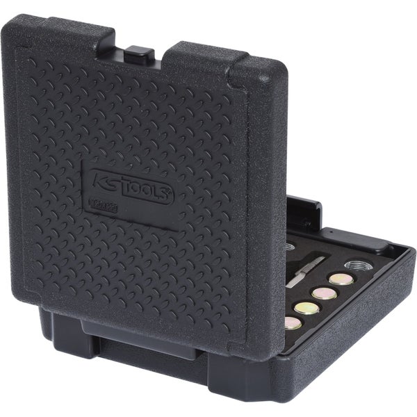 KS Tools Logo im geöffneten Werkzeugkoffer mit Gewindereparaturwerkzeug