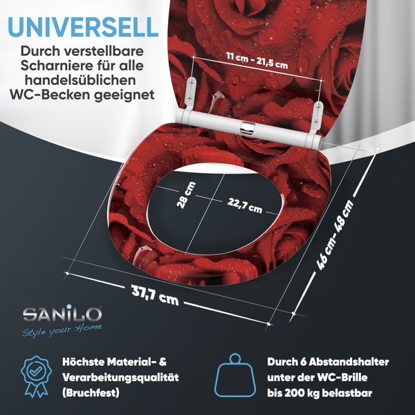 WC-Sitz mit Rosen-Motiv, universell passend durch verstellbare Scharniere. Maße 37,7 mal 46 bis 48 Zentimeter. Belastbar bis 200 Kilogramm. SANILO Logo.
