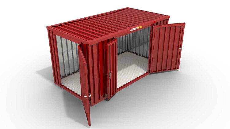 Lagercontainer Gerätehaus XXL  – 12 qm, H2150 x B6080 x T2170 mm, Außenwandlackierung RAL 3000 feuerrot, Dach außen verzinkt, mit Holzfußboden, 1830 mm Doppelflügeltür mittig in Breitseite und 1270 mm Einflügeltür mittig in Stirnseite, montiert