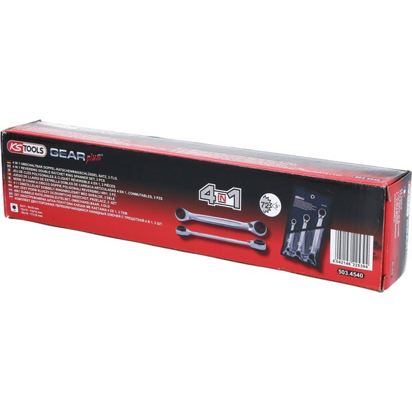 KS TOOLS 4 in 1 GEARplus umschaltbar Doppel-Ratschenringschlüssel-Satz 3tlg. - 503.4540
