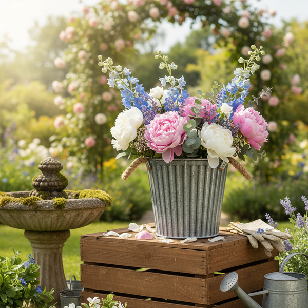Blumenstrauß mit Pfingstrosen im Zinkeimer auf einer Holzkiste in einem hellen Garten mit Vogelbad, Gartenhandschuhen und Rosenbogen.