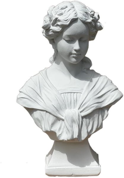 Klassische Frauenbüste aus Stein für den Garten, Dekofigur auf Sockel.