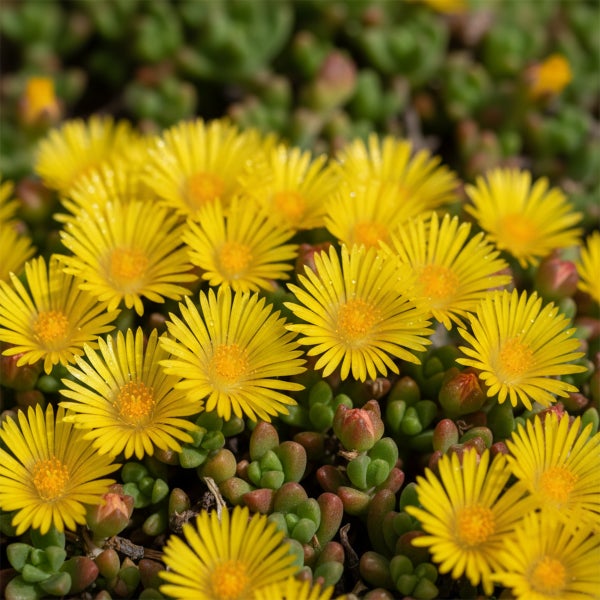Gelb blühende Mittagsblume mit schmalen Blütenblättern und grünen sukkulenten Blättern.