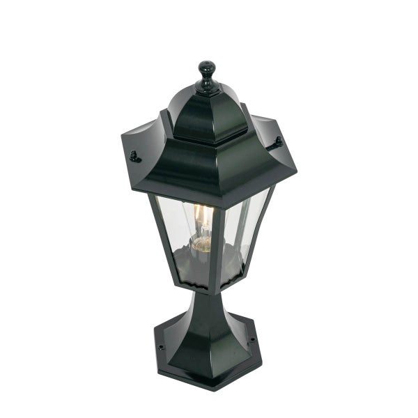 Klassische dunkelgrüne Sockelleuchte in Laternenform aus Aluminium und Glas für den Außenbereich.