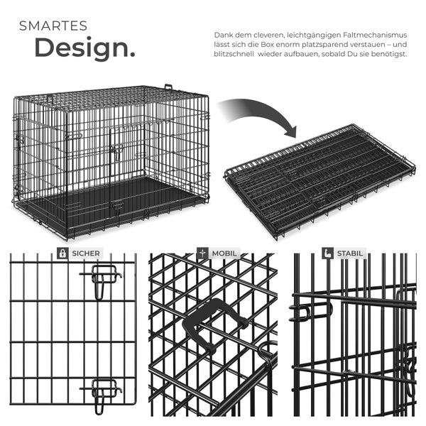 Zusammenklappbare Hundebox aus Metalldraht, platzsparend faltbar, mit Tragegriff, Sicherheitsverschluss und stabilem Gitter.
