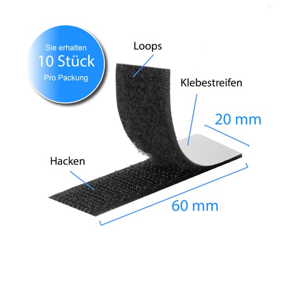 Klettverschluss mit Klebestreifen, 60 mal 20 Millimeter, 10 Stück pro Packung mit Haken und Flauschband.