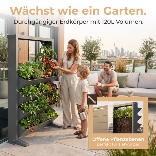 Vertikales Pflanzregal mit 120 Liter Volumen für Gemüse und Kräuter auf der Dachterrasse mit Familie.