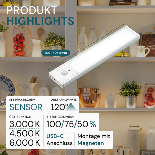 LED-Unterbauleuchte mit Sensor, 200 x 40 x 11 Millimeter, 120 Grad Abstrahlwinkel, USB-C Anschluss und magnetischer Montage