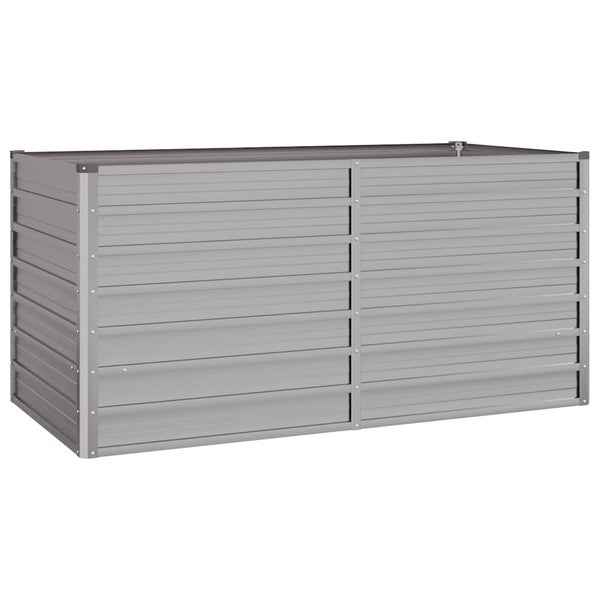 Graues Hochbeet aus Metall in rechteckiger Form mit horizontalen Lamellen für den Garten.
