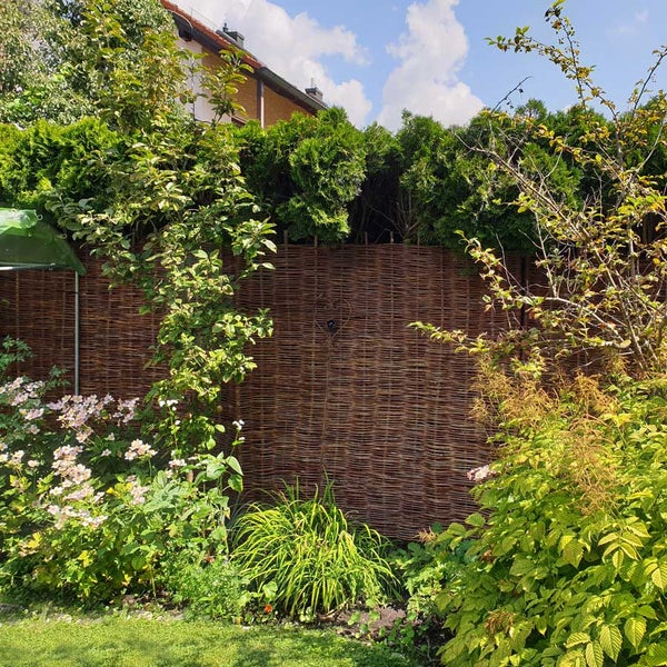 Gartenansicht mit Flechtzaun zwischen Pflanzen und Bäumen als Sichtschutz