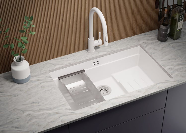 PRIMAGRAN Unterbauspüle Granit Alles Weiß 76x47cm, Spülbecken 1 Becken + Ablauf-Set + Aufrollbare Abtropffläche, Granitspüle ab 80er Unterschrank - Praga