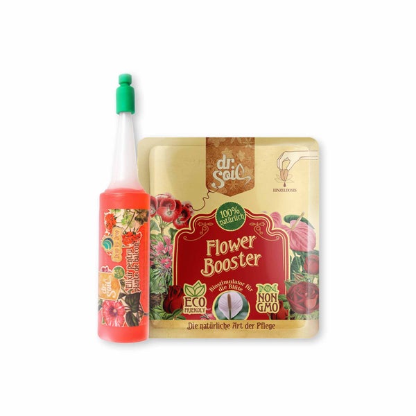 Dr.Soil Pflanzenpflegepaket für die Balkonpflanzen mit Balkonpflanzen-Bewässerungszusatz in Fläschchenform und konzentrierter Biostimulator-Blüten-Monodosis für 1L Sprühlösung