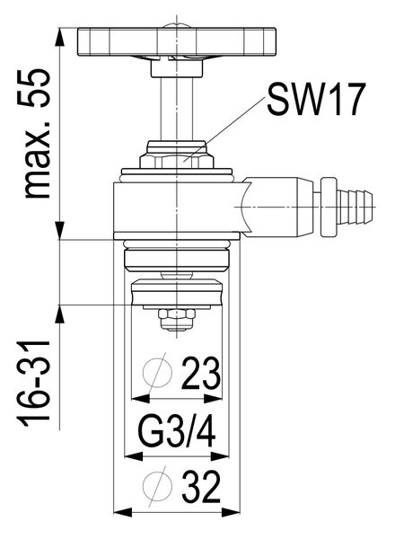 Technische Zeichnung eines Ventils mit Maßen: maximal 55 Millimeter Höhe, G 3/4 Zoll Anschluss und Schlüsselweite 17.