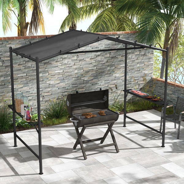 Outsunny Grillpavillon 277 x 149 x 230 cm wasserdicht flammhemmend Gartenpavillon mit Seitenregalen, Gartenlauben mit UV-Schutz, BBQ Pavillon aus Stahl, Gartenzelt Grillzelt für Party BBQ, Dunkelgrau
