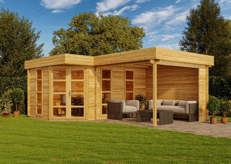 Alpholz 5-Eck Gartenhaus Lindau-40 mit Anbau Gartenhaus aus Holz in natur, Holzhaus mit 40 mm Wandstärke inklusive Terrasse, Blockbohlenhaus mit Montagematerial imprägniert 4,6x6,2m