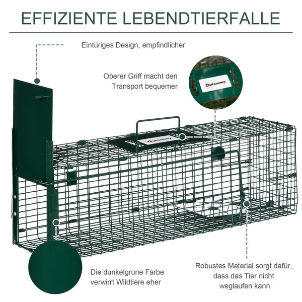 Outsunny Lebendfalle, Marderfalle mit Tür, Griff, 60 x 18 x 20 cm, Stahl, Dunkelgrün