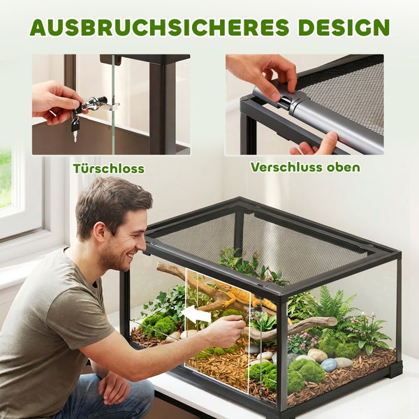 Terrarium mit ausbruchsicherem Design, Türschloss an der Glasschiebetür und oberem Verschluss am Gitterdeckel.