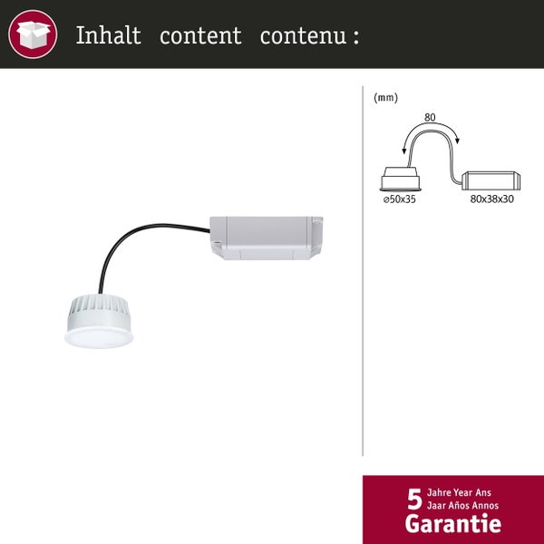 LED Einbaustrahler mit externem Treiber, technische Zeichnung mit Maßen in Millimeter und Hinweis auf fünf Jahre Garantie.