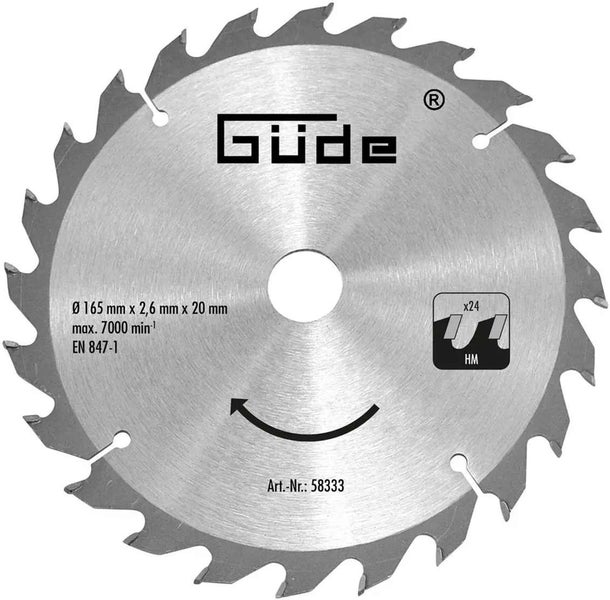 Güde Kreissägeblatt aus Hartmetall mit 24 Zähnen, Durchmesser 165 Millimeter, Bohrung 20 Millimeter und Schnittbreite 2,6 Millimeter.