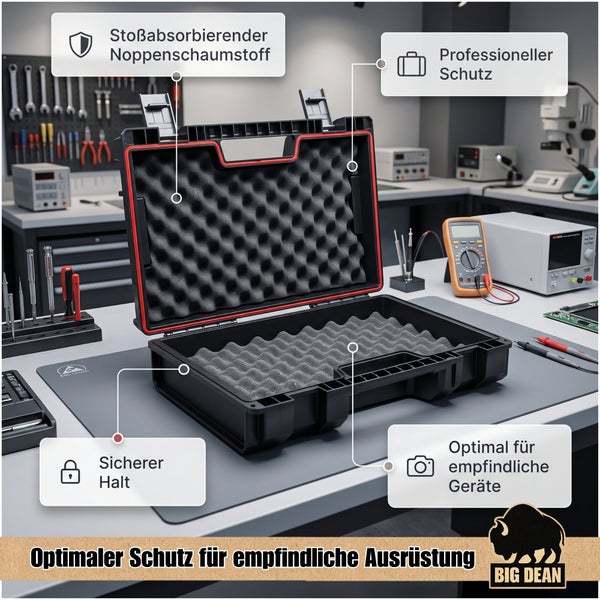 Offener Kunststoff Gerätekoffer mit stoßabsorbierendem Noppenschaumstoff für den sicheren Schutz empfindlicher Ausrüstung und Elektronik.