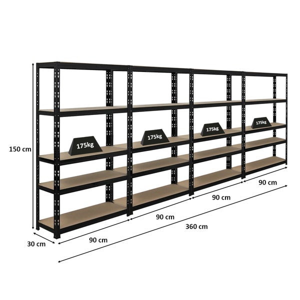 PROREGAL Mega Deal 4x Schwerlastregal APOLLO HxBxT 150 x 90 x 30 cm Fachlast 175kg Schwarz