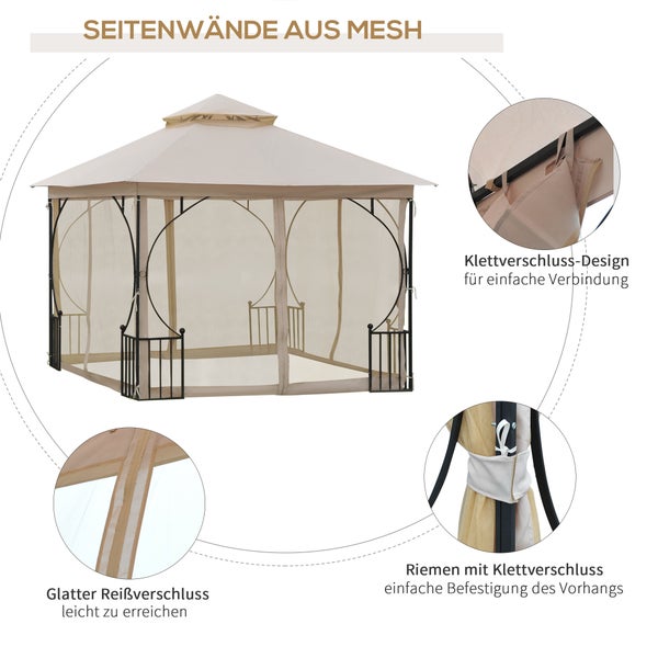 Outsunny Pavillon, Gartenpavillon, 3x3m, Metall, Polyester, Moskitonetz, Beige+Schwarz