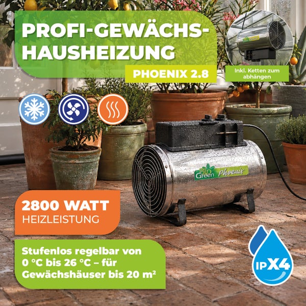Bio Green Phoenix 2.8 Profi Gewächshausheizung 2800 Watt mit stufenloser Regelung bis 26 Grad Celsius für Gewächshäuser bis 20 Quadratmeter