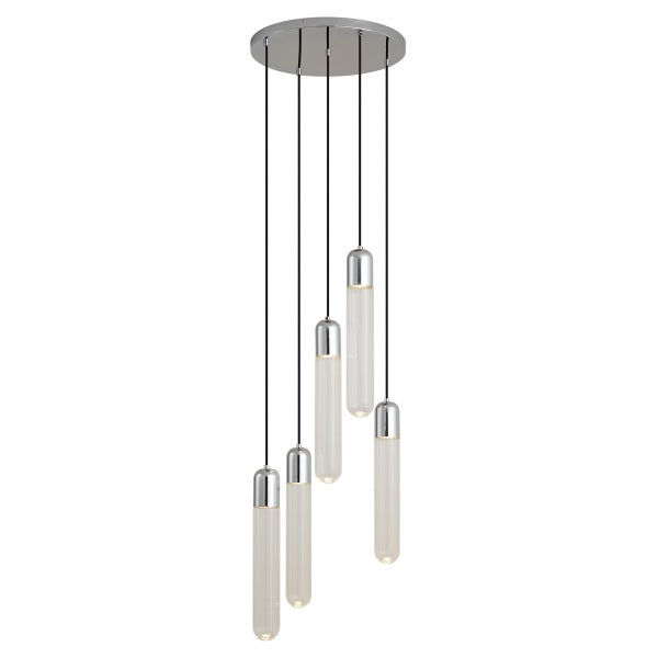 Fünfflammige Pendelleuchte mit stabförmigen Glaselementen und runder Deckenhalterung in moderner Optik.