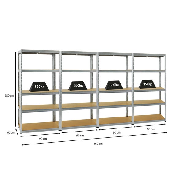 PROREGAL Mega Deal 4x Schwerlastregal Slim Elephant M HxBxT 180 x 90 x 60 cm 5 Ebenen Fachlast 350 kg Verzinkt