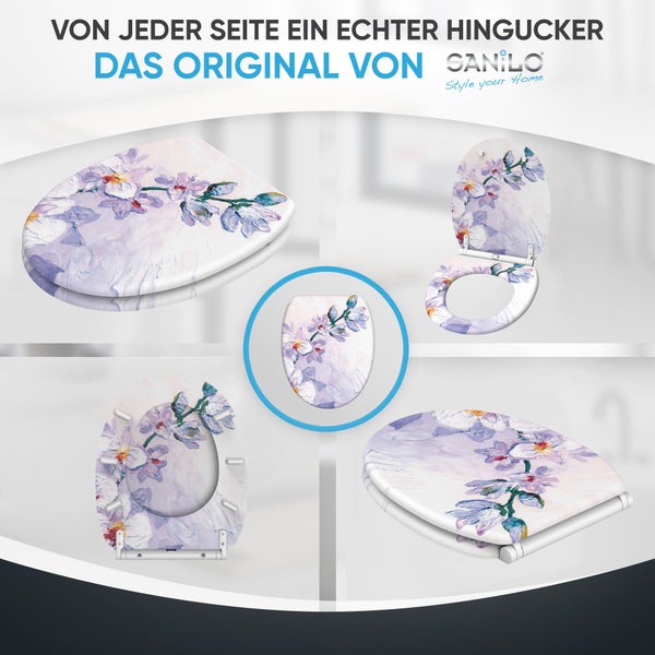 Toilettensitz von Sanilo mit Blumendekor in verschiedenen Ansichten gezeigt als Motiv Toilettendeckel für das Badezimmer