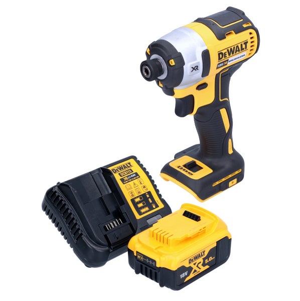 DeWalt Akku-Schlagschrauber 18 Volt mit bürstenlosem Motor, Ladegerät und 5,0 Amperestunden Lithium-Ionen Akku.