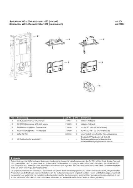 Ersatzteilzeichnung für MEPA Sanicontrol WC-Lüfterautomatik mit Spülkasten, Steuerungselektronik, Schutzplatte und Lüfter.