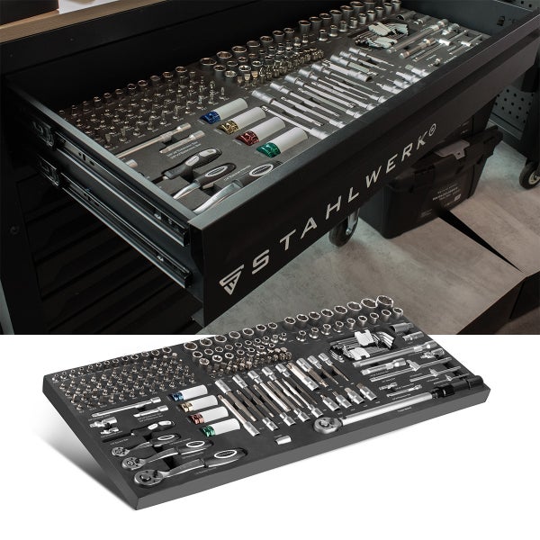 Werkzeugwagen Schublade mit Steckschlüssel-Einsatz-Sortiment und separates Steckschlüssel-Einsatz-Sortiment