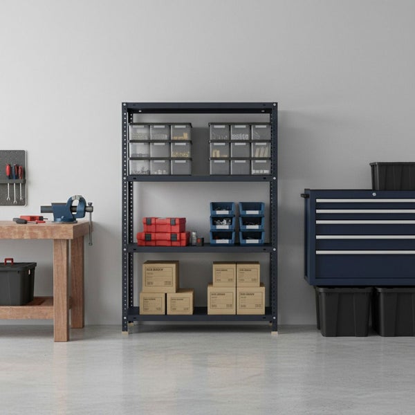 Organisierte Werkstatt mit einem Metallregal, einer Werkbank aus Holz inklusive Schraubstock und einem Werkzeugschrank.