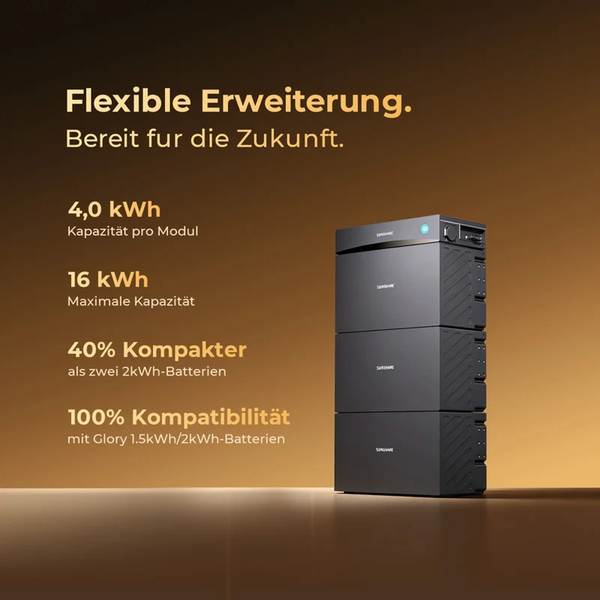Sunshare Stromspeicher Modul mit vier Kilowattstunden Kapazität, erweiterbar auf sechzehn Kilowattstunden, kompatibel mit Glory Batteriesystemen.